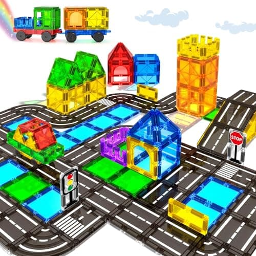 Magnetic Tiles Road Sets with Car, Magnetic Building Blocks Toys for 3+ Year Old Boys Girls, Montessori Magnet Kids Toys, Construction Toys for Ages 3 4 5 6 7 8 Christmas Birthday Gifts for Toddlers - Image 1