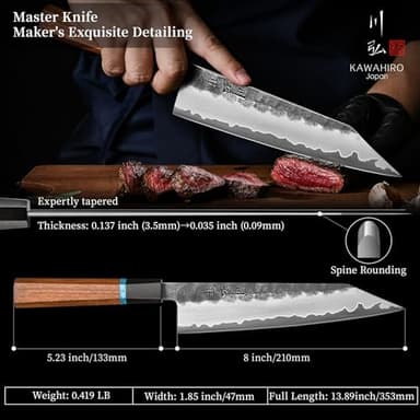 KAWAHIRO 210mm Japanese Kiritsuke Chef Knife with Tri-Ply VG-10 Stainless Steel Blade, Ergonomic Handle Grip and Premium Wood Box, Cooking Gifts for Men Women - Image 6