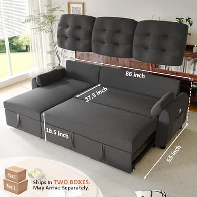 Ucloveria Sleeper Sofa Bed, 86" Convertible Sectional Sofa Couches for Living Room, Pull Out Couch Bed with Reversible Storage Chaise | USB Ports | Side Pockets | Removable Backrest - Image 2