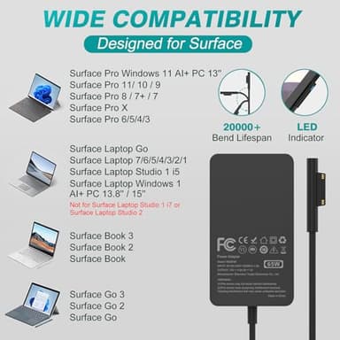 65W Charger Compatible with Microsoft Surface Pro 11, 10, 9, 8, 7+, 7, 6, 5, 4, 3, X, Power Adapter for Windows Surface Laptop 7/6/5/4/3/2/1, Go Tablet, Book 3/2/1, Support 44W, 36W, LED, 10FT - Image 2