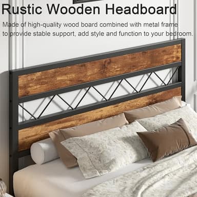 VECELO Full Size Bed Frame with Headboard, Heavy-Duty Platform Bedframe with Metal Slats Support, No Box Spring Needed, Easy Assembly, Black & Brown - Image 4