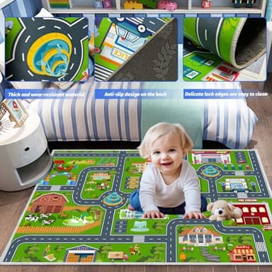 VNUVCOE Kids Car Rug Playmat Carpet, Playroom City Road Race Track Rug for Playing Cars Toys, Educational Area Rugs for Bedroom Classroom Toddlers Kids Room Safe Area Decor(Green,2.6x3.9ft) - Image 5