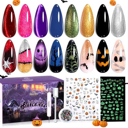 Beetles Halloween Gel Nail Polish Set – Wicked Mystic 8 Colors Gel Polish Kit, Gold Silver Black Green Blue Cat Eye Purple Red Glitter with Nail Art Accessories UV LED Soak Off Manicure Gift for Women - Image 1