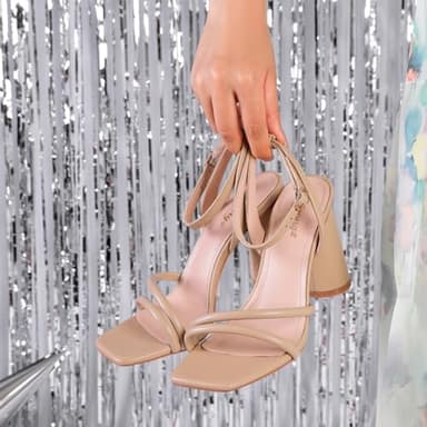RIBONGZ Nude Strappy High Heels for Women Prom Heeled Sandals Square Open Toe Ankle Strap Chunky Wedding Bridal Shoes Block High Heels for Party Dress 7.5 - Image 3
