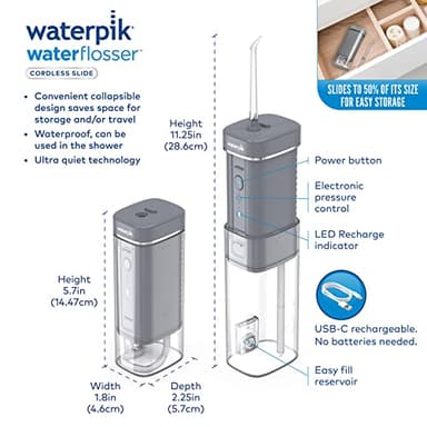 Waterpik Cordless Slide Professional Water Flosser, Portable Collapsible for Travel and Storage, with Travel Bag and 4 Tips, ADA Accepted, Rechargeable and Waterproof, Modern Gray WF-17CD017-1 - Image 4