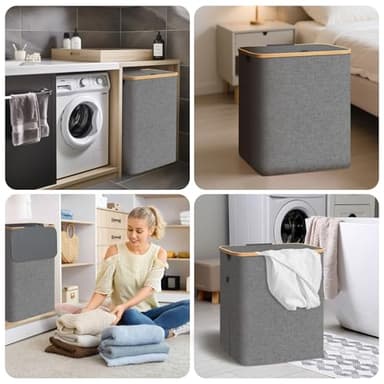 BALEINE Laundry Hamper with Lid, Tall Laundry Baskets with Bamboo Pull Handles, Large Laundry Bin with Internal Support (36 Gal/140L, Blue) - Image 8