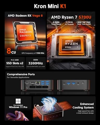 ACEMAGIC Kron Mini K1 Mini PC, AMD Ryzen 7 5700U up to 4.3 GHz Mini Computers, 32GB RAM 1TB SSD, 4K Triple Display WiFi6 BT5.2 Type-C HDMI DP1.4 VESA Mini Gaming PC Micro Small Pc - Image 6
