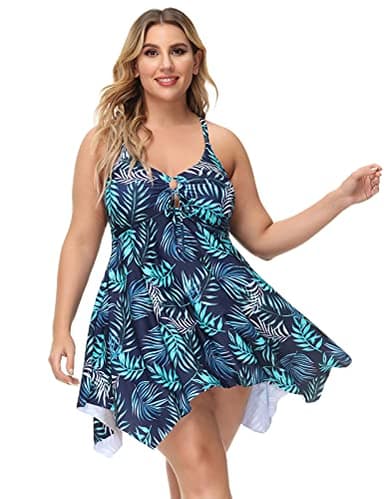 Women's Crisscross Back Floral High Waist Tankini Swimwear Two Piece Swimsuits 20W Blue Leaves - Image 2