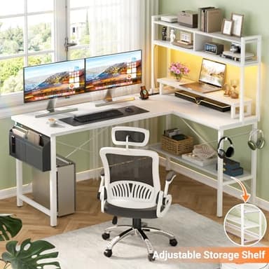 Aheaplus L Shaped Gaming Desk with Power Outlets & LED Lights, Small L- Shaped Desk Computer Corner Desk with Monitor Stand & Storage Shelf, Home Office Desk Writing Desk with Storage Bag, White - Image 6