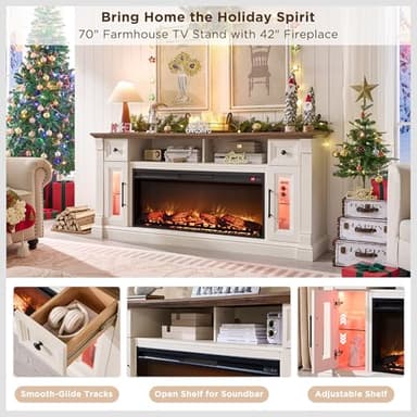 OKD Fireplace TV Stand for 80 Inch TV - Farmhouse Entertainment Center with 42" Electric Fireplace & LED Lights, Wood Media Console with Storage Drawers & Cabinets for Living Room, Antique White - Image 5