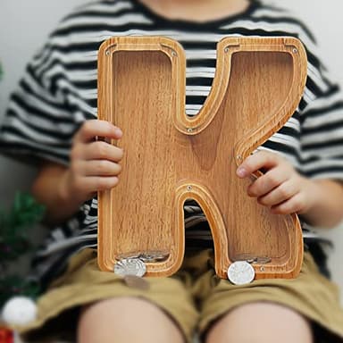 Piggy Bank for Kids Boys Girls, Large Personalized Wooden Letter Piggy Bank with Cut-Out Design, Alphabet Letter Coin Banks, Money Savings Box, Wooden Bank for Kids Creative Gift for Real-Money(K) - Image 7