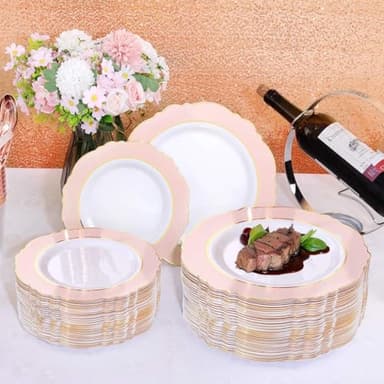 WDF 60pcs Pink Plastic Plates - 10.25inch Baroque Pink And Gold Disposable Dinner Plates for Upscale Parties -Special for Wedding, Party,Birthdays, Baby Shower - Image 7
