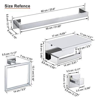 4-Piece Bathroom Hardware Set Chrome Bath Towel Bar Holder Sets Wall Mounted Stainless Steel Square Bathroom Accessory Kit, Polished Chrome 23.6 Inch - Image 3