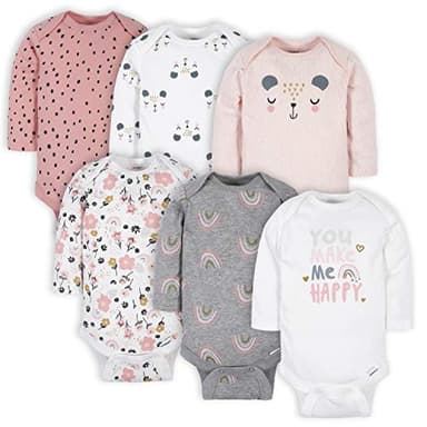 Gerber Baby Girls' 6-Pack Long-Sleeve Onesies Bodysuits, Bear Pink, 0-3 Months - Image 1