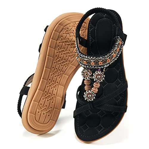Alicegana Womens Sandals Dressy Summer: Comfortable Bohemian Flats Elastic Ankle Strap Walking Beach Shoes - Image 1