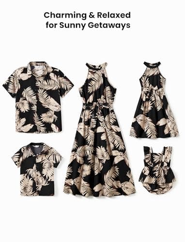 PATPAT Family Matching Hawaiian Outfits Mommy and Me Dresses Matching Set Tropical Palm Leaf Print Halter Neck Sundresses Mommy and Me Dresses Beach Black Leaf Hawaiian Dresses for Women S - Image 3
