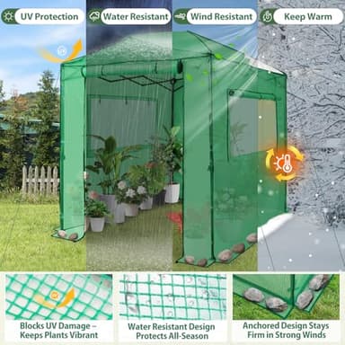EAGLE PEAK Instant Pop-up Greenhouse, Indoor Outdoor Plant Gardening Green House, Roll-Up Zipper Doors and Side Windows, Walk in 8x6 ft, PE Cover, Green/Clear - Image 7