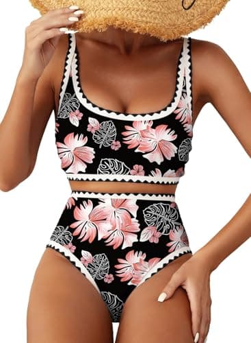 Herseas Women's Bikini Sets Floral Print Whip Stitch Two Piece Modest Swimsuits High Waisted Scoop Padded Black Bathing Suits X-Large - Image 1