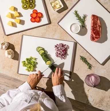 SMIRLY Plastic Cutting Board Set with Holder 3 Pieces, Non-Slip Dishwasher Safe Chopping Boards for Kitchen, Grey & White - Image 8