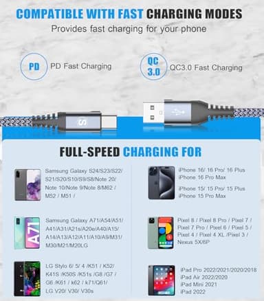 sweguard USB Type C Charger Cable [3-Pack,10ft+6.6ft+3.3ft] iPhone 15 Charger Nylon Braided Cord for iPhone 15 Pro Max Samsung Galaxy S23 S22 S21 S20 S10 S9 Note 20 10 Flip A53 A54 Pixel LG Moto PS5 - Image 6