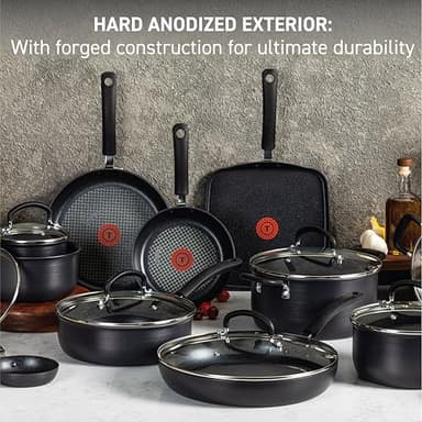 T-fal Ultimate Hard Anodized Nonstick Cookware Set 14 Piece, Oven Broiler Safe 400F, Lid Safe 350F, Kitchen Cooking Set w/Fry Pans, Saucepans, Griddle, Dutch Oven, Pots & Pans, Dishwasher Safe, Black - Image 3