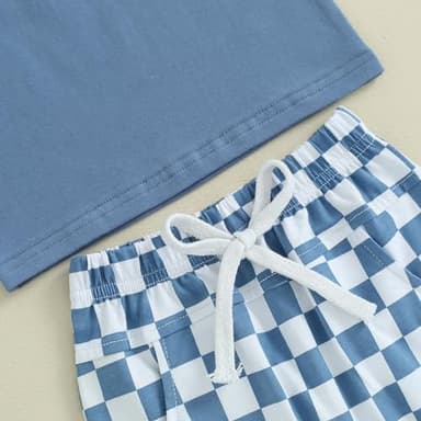 Kupretty Baby Boy Summer Clothes Sleeveless Tank Tops Vest T-Shirt + Casual Checkerboard Shorts Toddler Outfits Set (Checkered Shorts-Blue, 6-12 Months) - Image 3