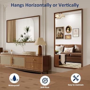 WEER Bathroom Mirror, 40x30 Inch Wall Mirror, Walnut Wood Grain Framed Mirror, Rectangle Vanity Mirror, Tempered Glass, Anti-Rust, Hangs Horizontally or Vertically - Image 5