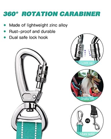 AUBELL Dog Seat Belt for Car,2 Pack Set 3-in-1 Adjustable Reflective Bungee Heavy Duty Dog Car Harness Tether with Clip Hook Latch & Buckle,Swivel Zinc Alloy Carabiner,Black+Teal - Image 4