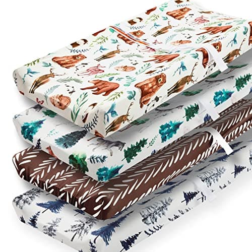 4 Pack Changing Pad Covers Woodland Forest Animals Wood Neutral Unisex Fitted Baby Changing Pad Cover Set for Baby Boys or Girls - Image 1