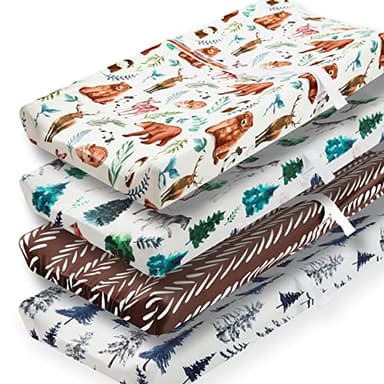 4 Pack Changing Pad Covers Woodland Forest Animals Wood Neutral Unisex Fitted Baby Changing Pad Cover Set for Baby Boys or Girls - Image 1