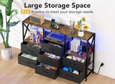 Decofy Black Dresser for Bedroom, 55 inch TV Stand with Charging Station & LED Lights, 8 Fabric Drawers with Solid Wood Top for Living Room, Closet - Image 4