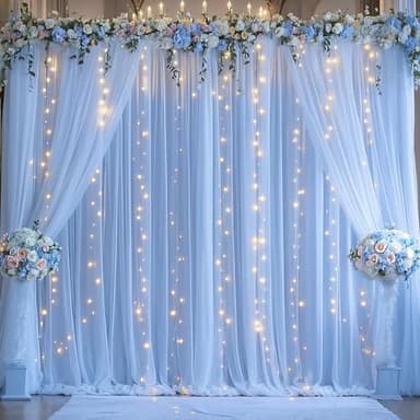 Baby Blue Sheer Tulle Backdrop Curtains with Lights String for Parites Baby Shower Decorations for Boy Bridal Shower Birthday Party Photo Shoot Background Wall Decorations 10×8ft(2 Panels 5×8ft) - Image 3