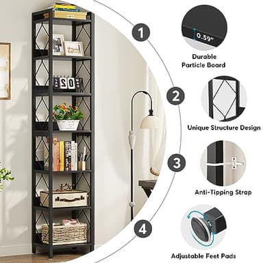 Tribesigns 78.7 Inch Extra Tall Narrow Bookshelf, 7 Tier Skinny Bookcase for Small Spaces, Freestanding Display Shelves, Multifunctional Corner Storage Organizer for Home Office, Black - Image 6