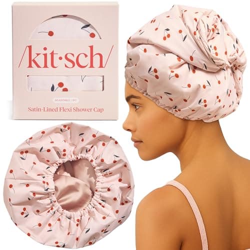 Kitsch Luxury Shower Caps for Women Reusable Waterproof - Flexi Satin Lined, Large Shower Cap for Men, Non-slip, Quick-dry, Adjustable, Stylish Hair Cap for Long & Short Hair - Cherry Print - Image 1