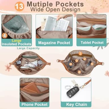 MOMINSIDE Diaper Bag Tote, 4 in 1 Leather Diaper Bag Backpack with 13 Pockets, Convertible Baby Bag for Boys Girls,Diaper Bags Baby Registry, Changing Pad, 4 Large Insulated Pockets(Brown - Image 5