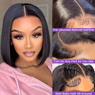 FATIAO 14 Inch Bob Wig Human Hair 13x6 Hd Transparent Lace Front Wigs Human Hair Pre Plucked Glueless Bob Wig 180% Density Short Straight Bob Wigs For Women - Image 2