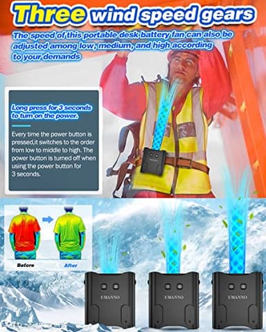 UMANNO Waist Fan 12000mAh Rechargeable, Portable with 24H Working Time, 9500RPM Strong Airflow, Wearable Belt Fan for Clothes, Shirt, Farm Work, Hiking (Black, Medium) - Image 5