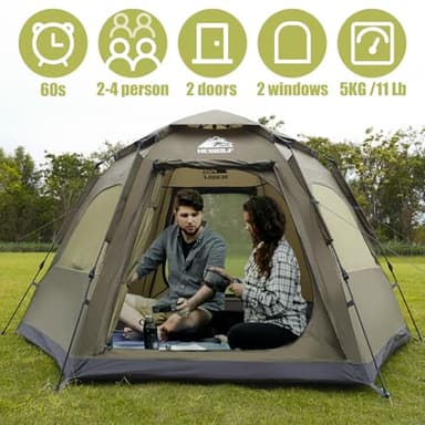 Hewolf 2/3/4 Person Camping Tent - Instant Pop Up Waterproof 2 Doors Tent with Easy Setup | 3-Season Hexagonal Dome Design for Family, Hiking & Traveling (Green) - Image 6
