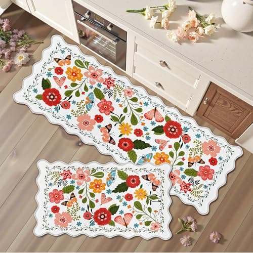 Arenarug Scalloped Kitchen Mats for Floor 2PC Cushioned Anti Fatigue Kitchen Mats Rugs Waterproof Non Slip Farmhouse Boho Floral Comfort Foam Standing Mat for Sink Laundry, White - Image 1