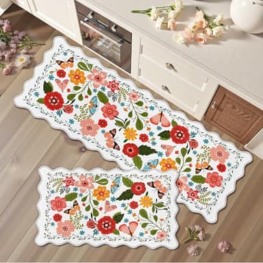 Arenarug Scalloped Kitchen Mats for Floor 2PC Cushioned Anti Fatigue Kitchen Mats Rugs Waterproof Non Slip Farmhouse Boho Floral Comfort Foam Standing Mat for Sink Laundry, White - Image 1