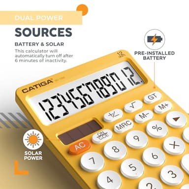 CATIGA 12 Digit Desktop Calculator Basic Desk Calculator with Large LCD Display, Big Buttons, 4 Function, Solar and Battery Dual Power, for Office, School, Home, SD-1292 Yellow - Image 4