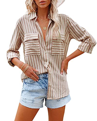 OMSJ Women's Striped Button Down Shirts Casual Long Sleeve Stylish V Neck Blouses Tops with Pockets (S, Brown) - Image 1