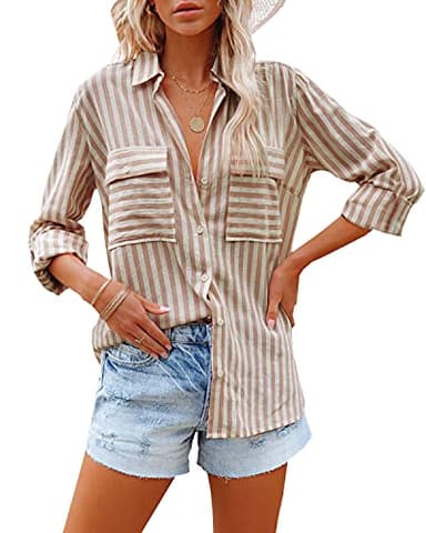 OMSJ Women's Striped Button Down Shirts Casual Long Sleeve Stylish V Neck Blouses Tops with Pockets (S, Brown) - Image 1