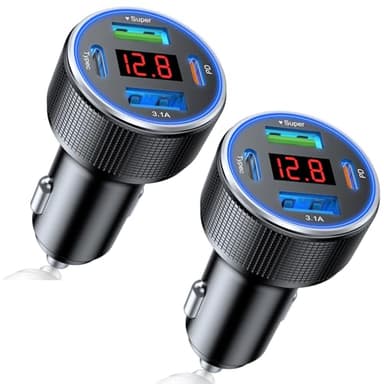 USB Car Charger, 2 Pack Cigarette Lighter USB Charger Aluminum Alloy Fast Charging Car Charger Adapter with Voltage Display Type C Car Accessories for iPhone 17 16 Samsung Galaxy Google iPad Android - Image 1