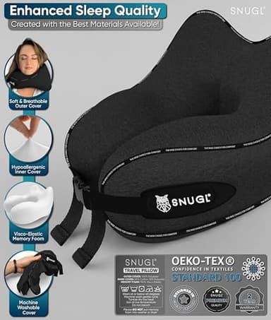 SNUGL Travel Pillow – Memory Foam - Travel Pillows for Airplanes - Neck Pillow for Airplane with Carry Bag & Clip – Neck Support Pillows for Pain Relief (Adult Small - Black) - Image 6