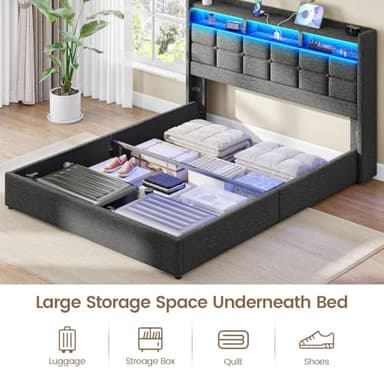Driftalia Lift Up Queen Bed Frame with Storage, Upholstered Bed Frame Queen Size with LED Lights Headboard and Charging Station, No Box Spring Needed, Easy Assembly - Dark Grey - Image 5