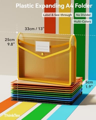 ThinkTex Plastic Expanding File Folder, Transparent envelopes with Snap Closure, No Dividers, Large Capacity, Assorted Colors, Fit Letter/A4 Size - 5 Packs - Image 2