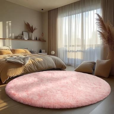 Pink Round Plush Rug for Living Room, Non-Slip Rugs, Furry Carpet for Nursery Room, Round Shaggy Rug for Living Room Area Rug 5Ft - Image 4