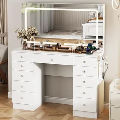 Otterease White Makeup Vanity, 11 Drawers Vanity Mirror with Lights, Makeup Vanity Desk with 3 Lighting Modes Adjustable Brightness, Vanity with Glass Top for Bedroom - Image 1