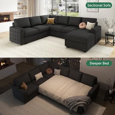 HONBAY Sectional Couch with Pull Out Bed, Sectional Sleeper Sofa with Storage, U Shape Couches for Living Room, Dark Grey - Image 3